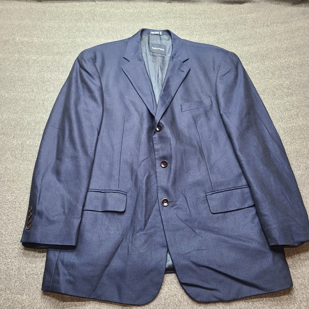 Nautica Men's‎ Navy Herringbone Silk Wool Blend Sport Coat Blazer Size 46R
